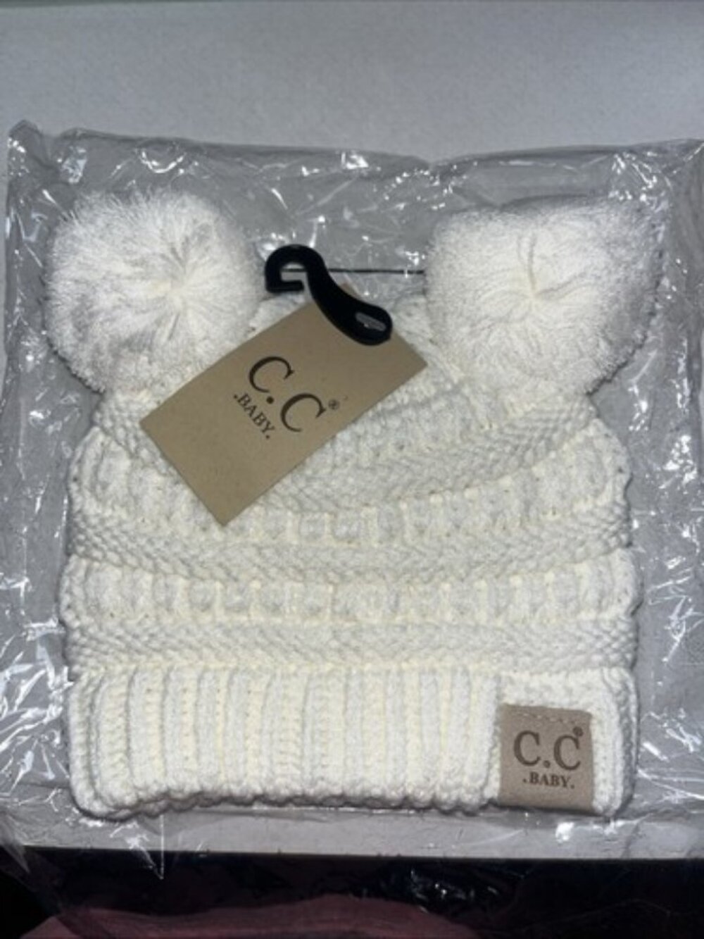 C.C. Baby Unisex Infant White Warm Crochet Knit Beanie with Double Poms NIB